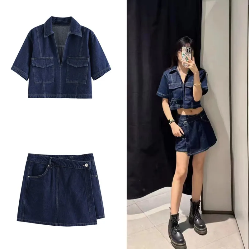 

Женские джинсовые короткие костюмы High Street с карманами, укороченный топ с V-образным вырезом и асимметричная юбка, комплект из двух предметов, винтажные комплекты для отдыха Y2k
