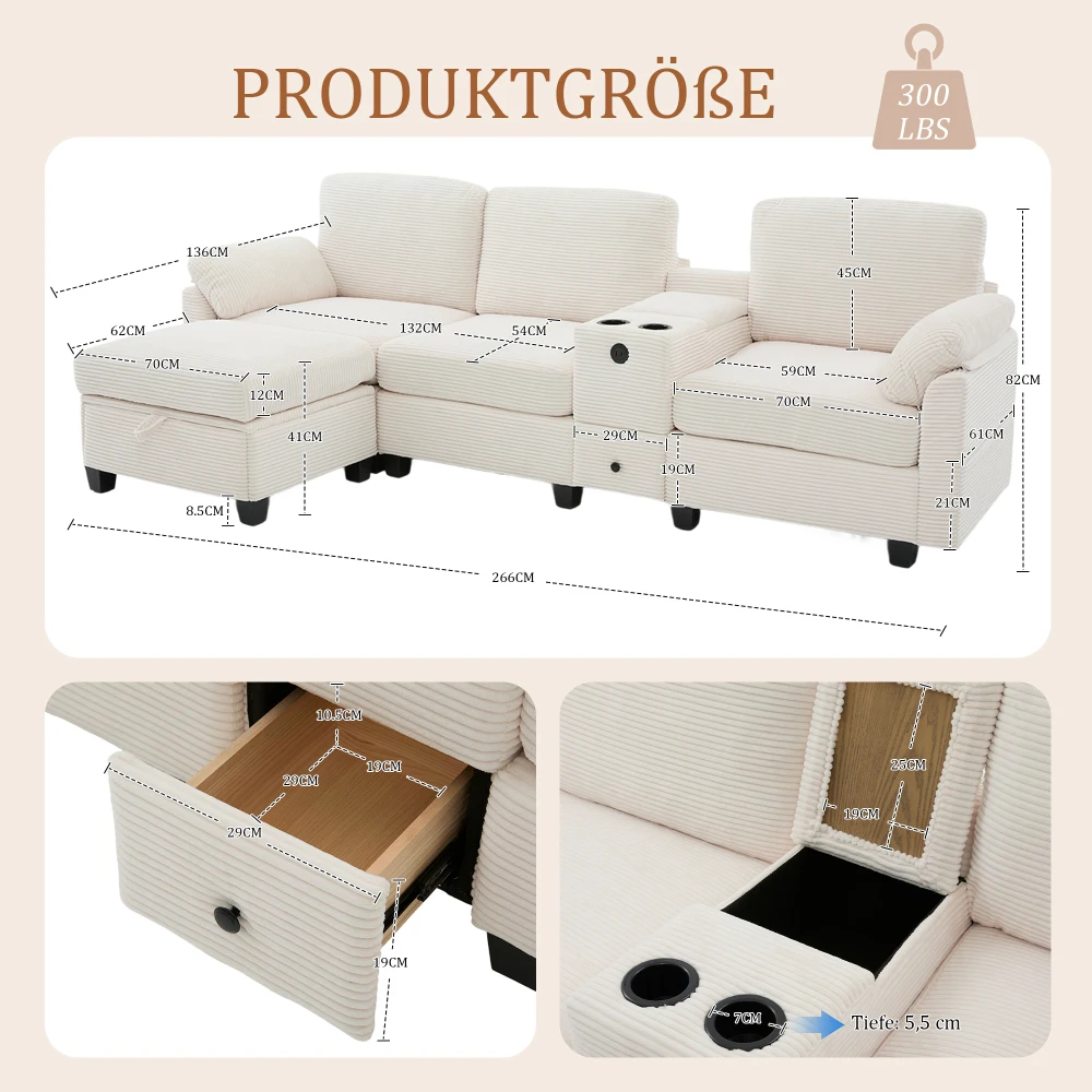 Großes Kordelsofa mit Komfortschaumstoff, 2 Getränkehaltern, USB-C-Anschluss, Seitentasche, Ablagefach, mobilem Aufbewahrungsfach – Detail 8