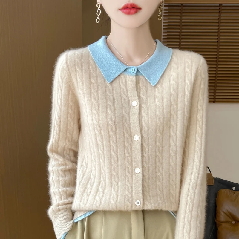 Autumn and winter new women's cardigan 100% pure wool O-neck knitted jacket fashion loose thick warm bottoming shirt top. 3