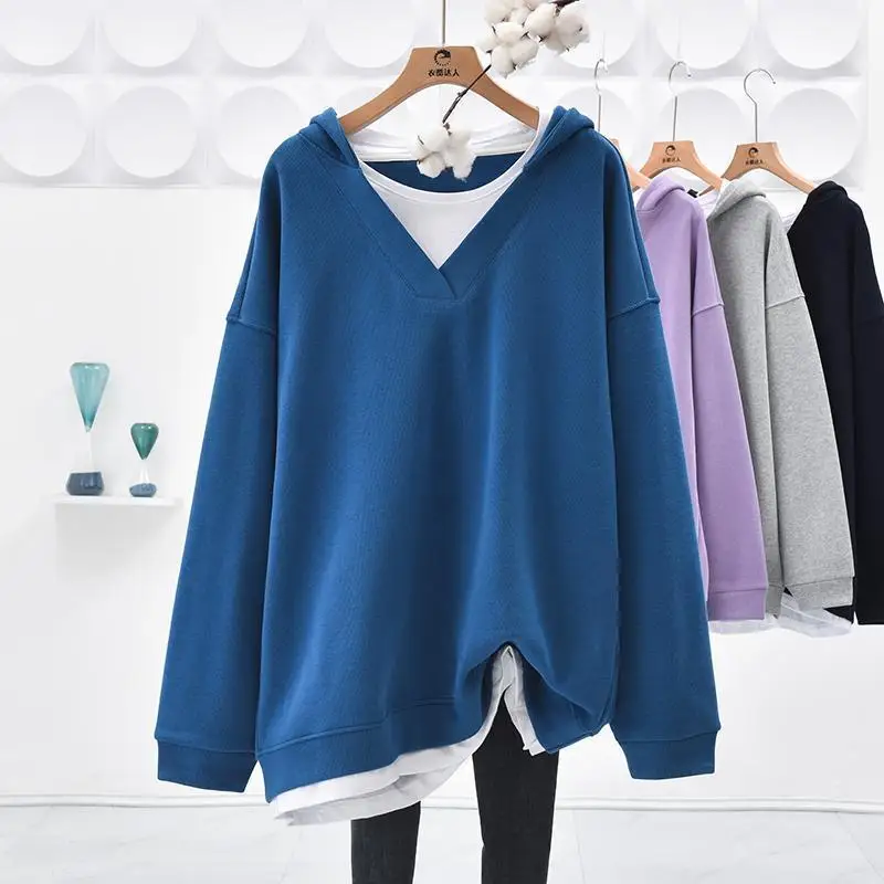 Spring Autumn New Women\'s Simplicity Extra-large Size V-Neck Fake Two Pieces Fashion Casual Loose Long Sleeve Hooded Tops