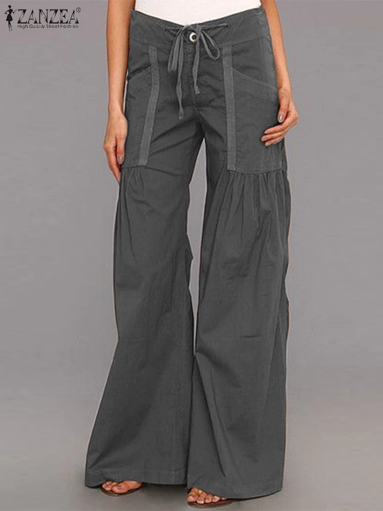 

2024 ZANZEA Fashion Y2K Women High Waist Solid Loose Cargo Trousers Vintage Wide Leg Pants Palazzo Casual Long Pantalon Oversize