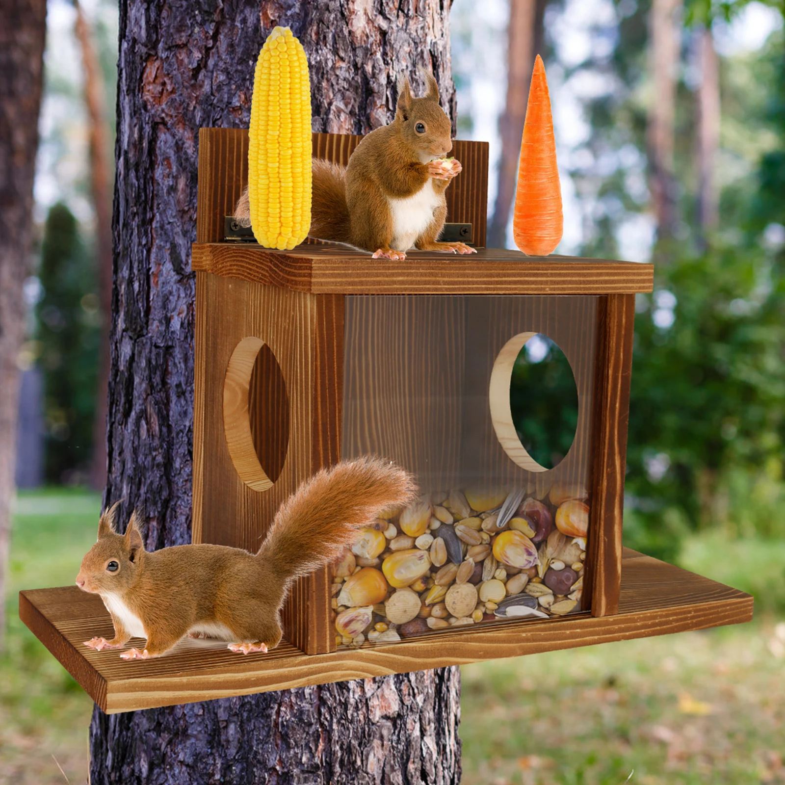 Wood Squirrel Feeder Large Capacity Squirrel Feeder House with Extended Bottom Outdoor Hanging Animal Garden Decoration