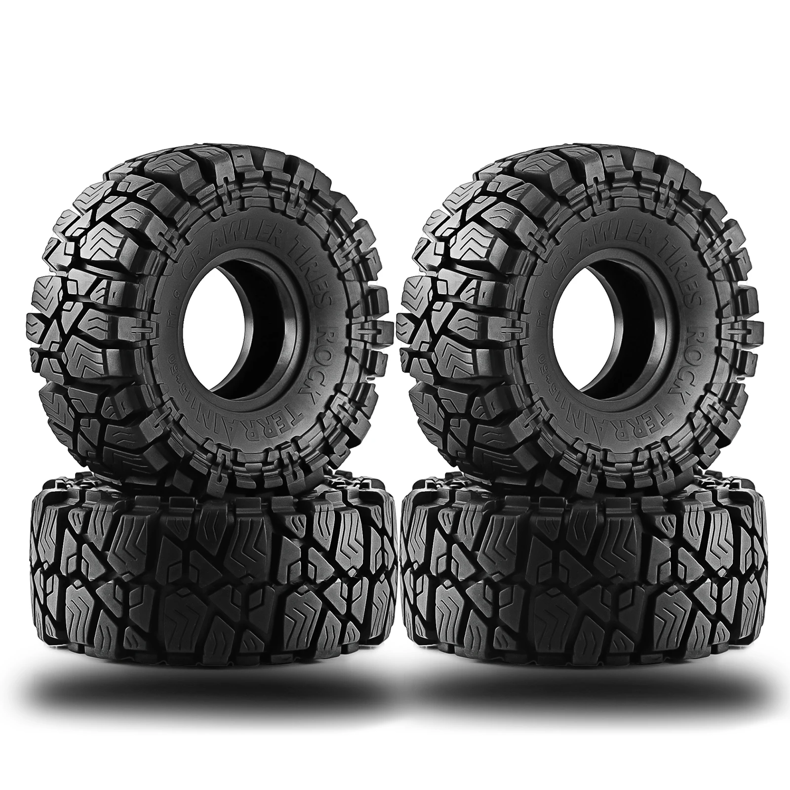 Pneus crawler RC 1/10 1.9" montés sur jantes noires, prêts pour le franchissement