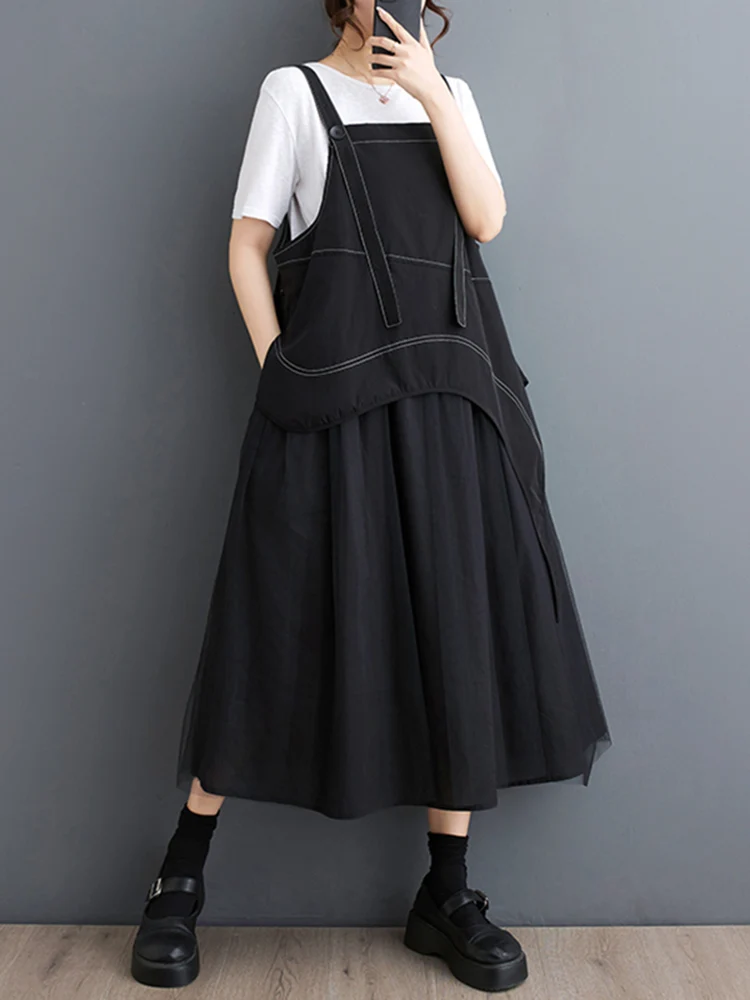 2025 Summer New Sleeveless Patchwork Mesh Strap Dresses For Women Black Vintage Loose Casual Long Dress Fashion Elegant Clothing