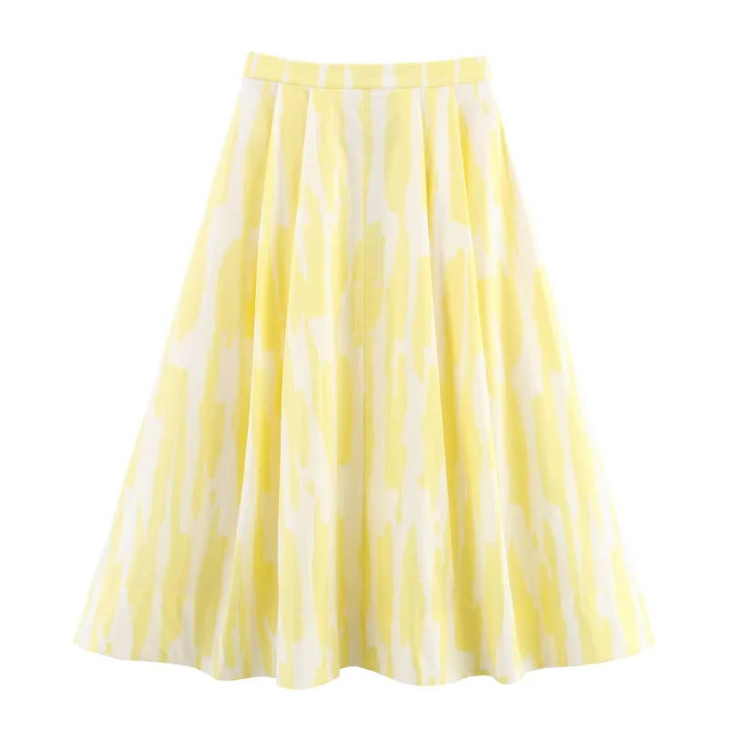 ETJ 2025 Spring new women's elegant romantic A-type color matching printed high-waist MIDI skirt