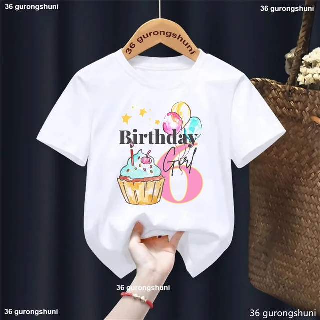 White 2nd/3rd/4th/5th/6th/8th Birthday Gift Printed T Shirt Girls Cake Balloon Star Kawaii Kids Clothes Birthday Party T-Shirt 1