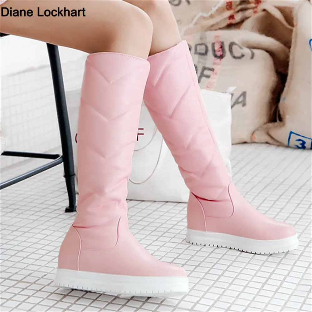 

2023 Winter Women Warm Knee High Boots Platform Height Increasing Ladies Snow Boots PU Leather Slip-on Round Toe Women Boots