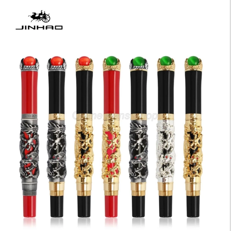Jinhao Brilliant Golden Ancient Dragon King Carving Embossing Medium Nib Fountain Pen Professional Office Stationery Accessory