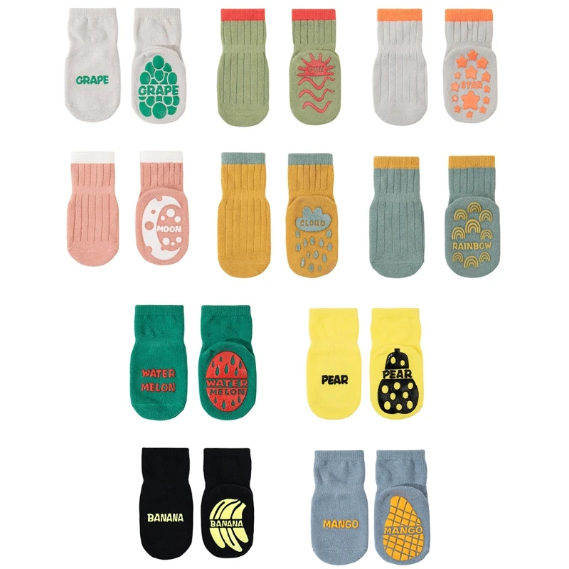 

L5YF 1 Pair Kids Baby Floor Ankle Socks with Silicone Grips Cartoon Fruit Pattern Toddler Infant Non Skid Combed