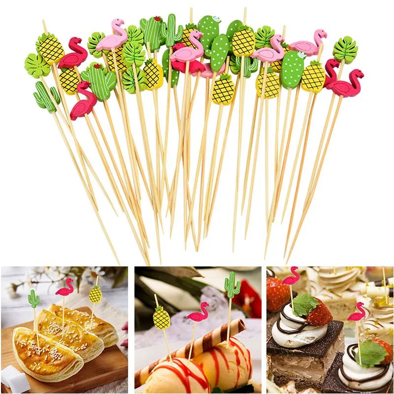 Bamboo Sticks 100Pcs Disposable Hawaiian Flamingo Pearl Cocktail Picks Food Fruit Forks Wedding Birthday Party Decor