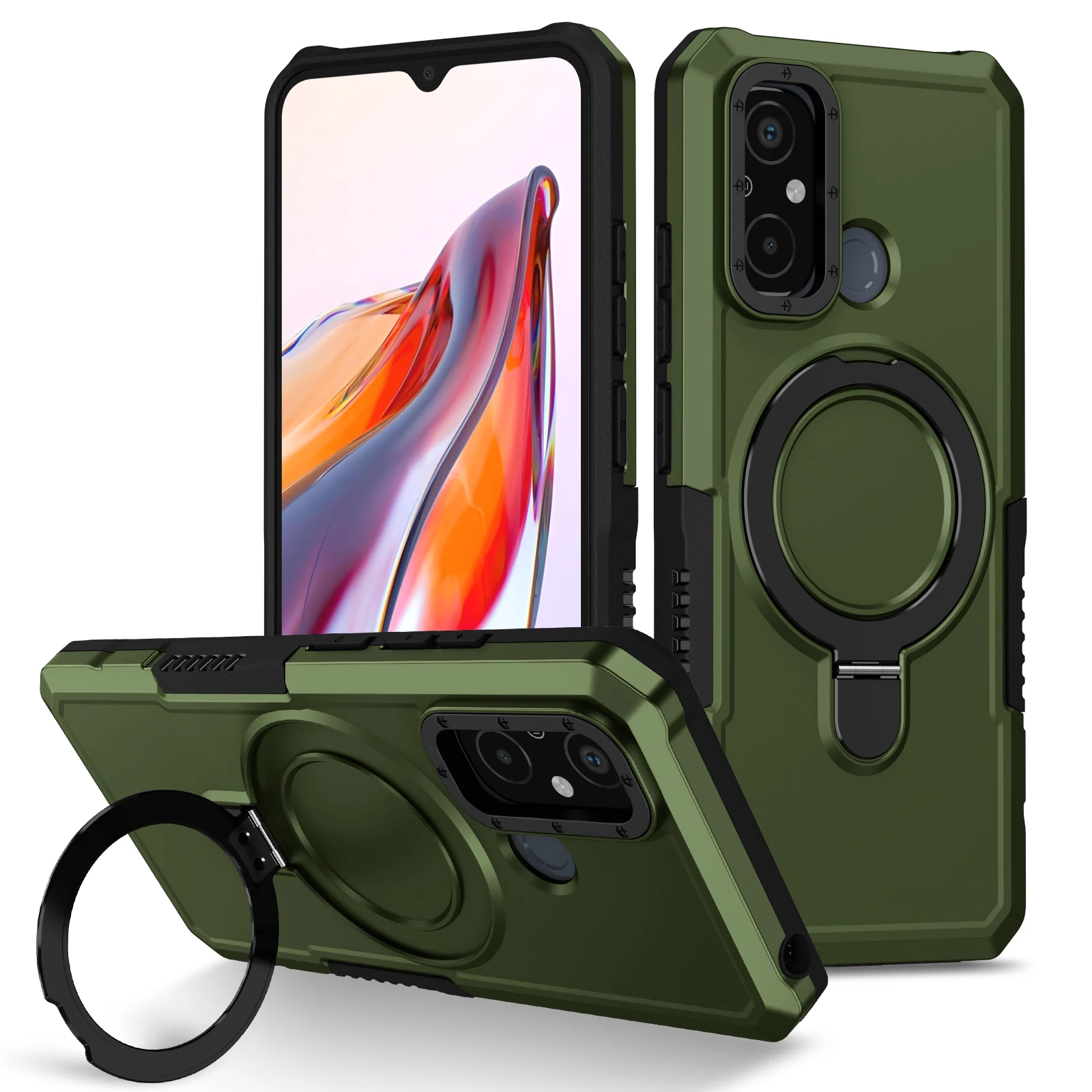 Enhanced Shockproof Armor Phone Case with Magnetic Ring Holder and Stand
