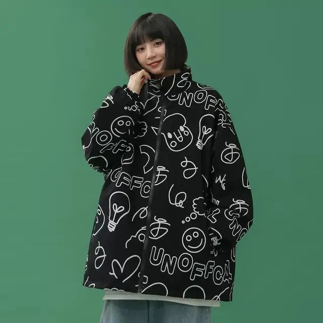 Reversible Jackets Graffiti  Stand Korean Cartoon Print Kawaii Oversize Women Coats Vintage Streetwear Ulzzang Harajuku Coat girls down jackets bubble coats graffiti white duck down 90% winter zipper full thick korean ladylike women parkas jackets sweet