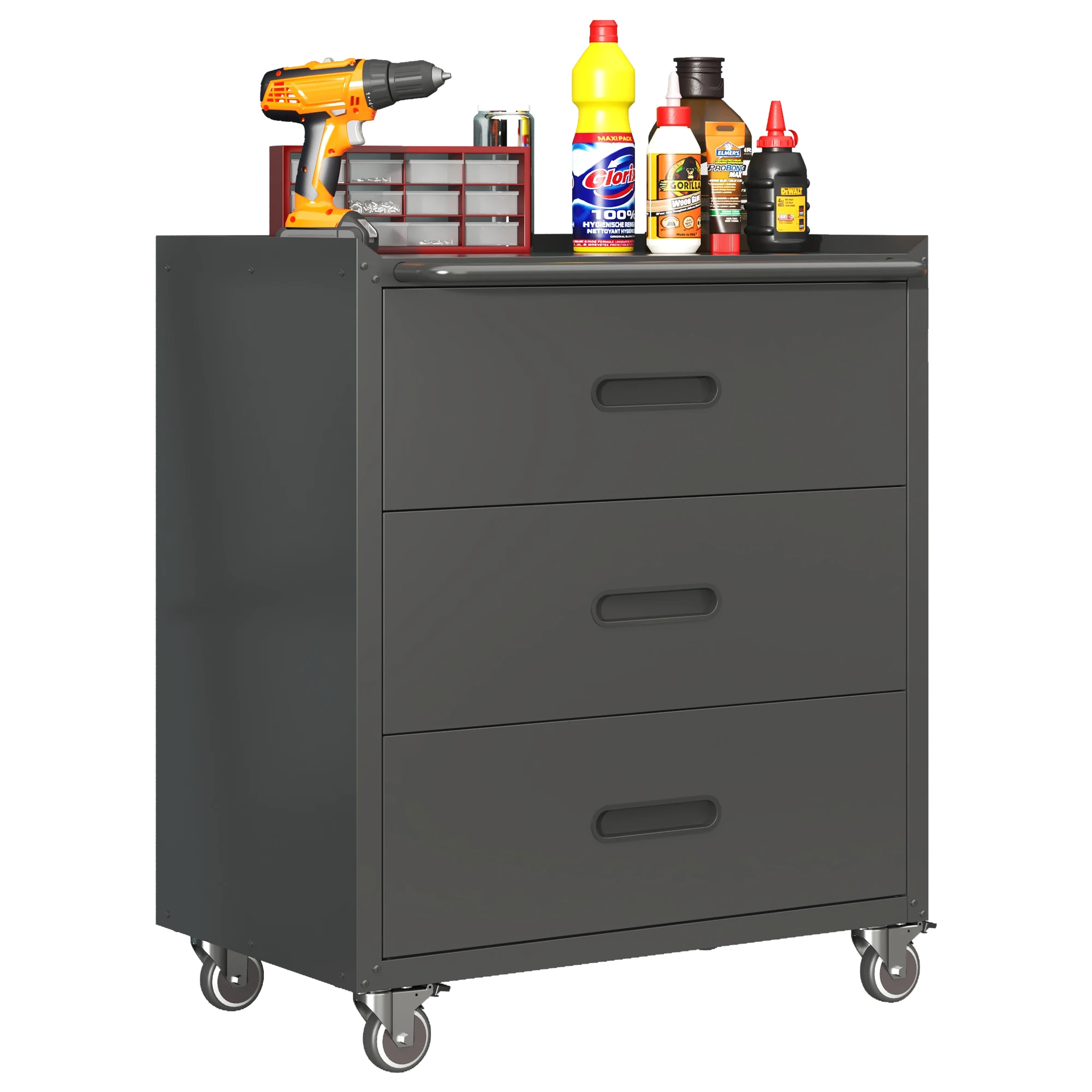 Hochwertiger rollender Werkzeugschrank aus Metall – 3 Schubladen, 75 × 42 × 88 cm, schwarz/grau, für Garage, Büro und Haushalt. – Detail 12