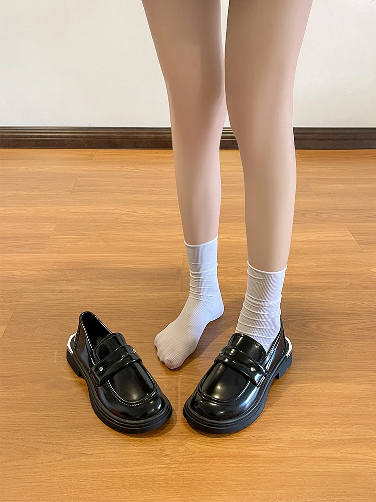 

Round Toe Shoes On Heels All-Match Female Footwear 2023 Fashion Women's Casual Sneaker British Style Oxfords Loafers With Fur Au