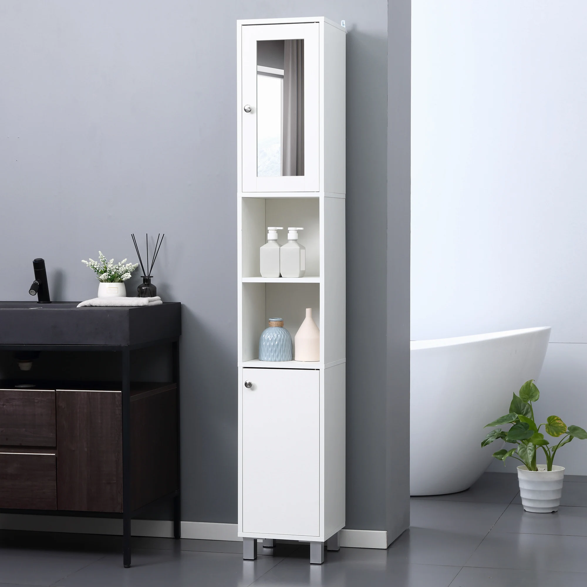 Kleankin Tall Bathroom Storage Cabinet with Mirror, Wooden Freestanding Tower Cabinet with Adjustable Shelves for Bathroom 2