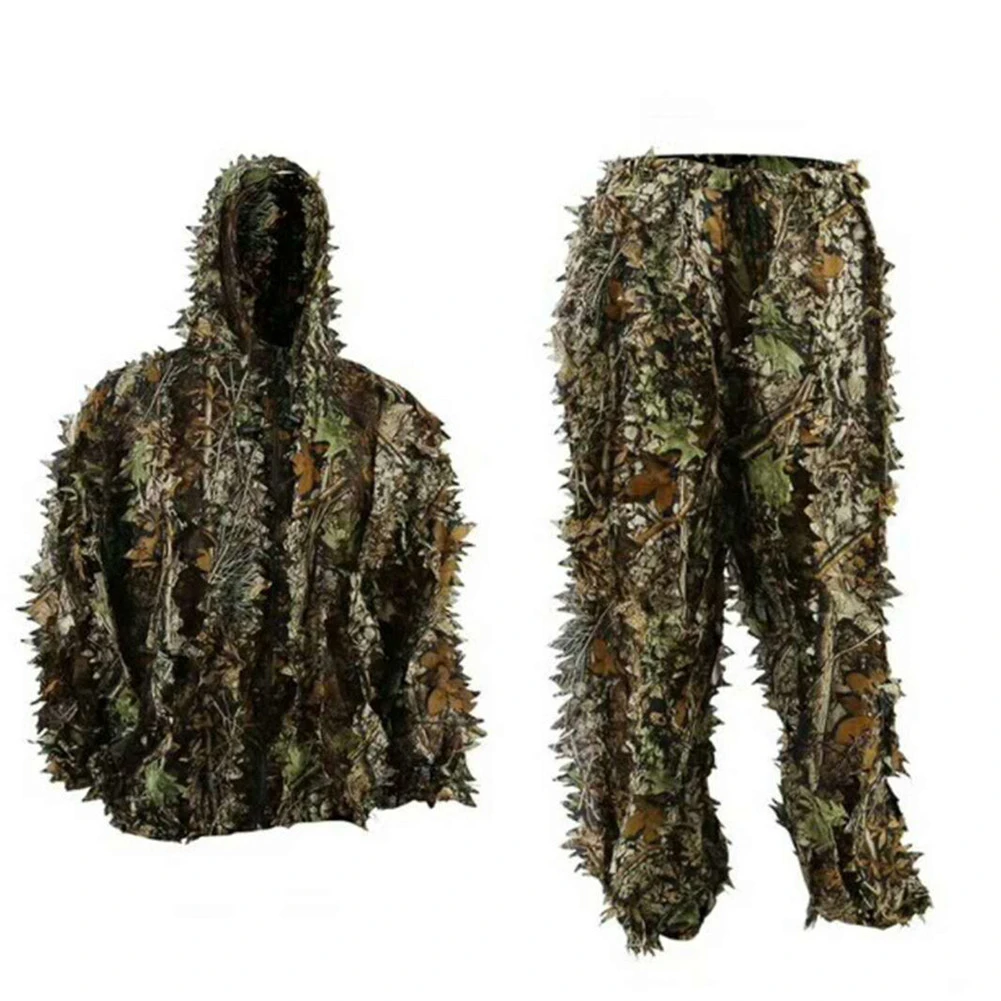 Ropa de camuflaje para caza al aire libre, conjunto de chaqueta con capucha, pantalones y hojas de bosque 3D, traje de venta mayor|Trajes Ghillie de caza| - AliExpress