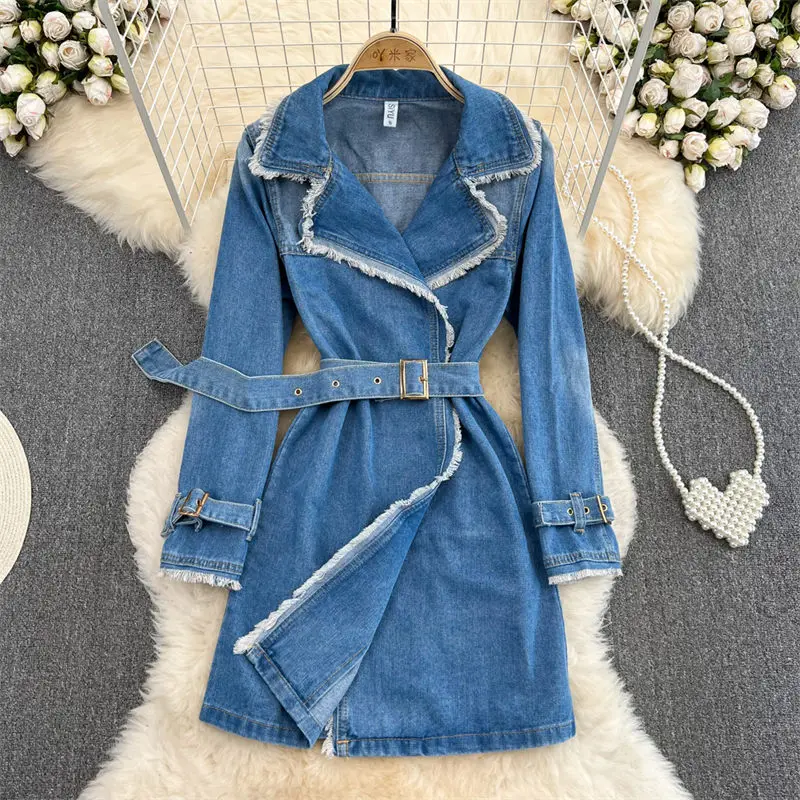 

New 2022 Autumn Vintage Denim Trench Coat Dress Casual Loose Waistband Fringed Medium Length Windbreaker Women Lapel Tops T853