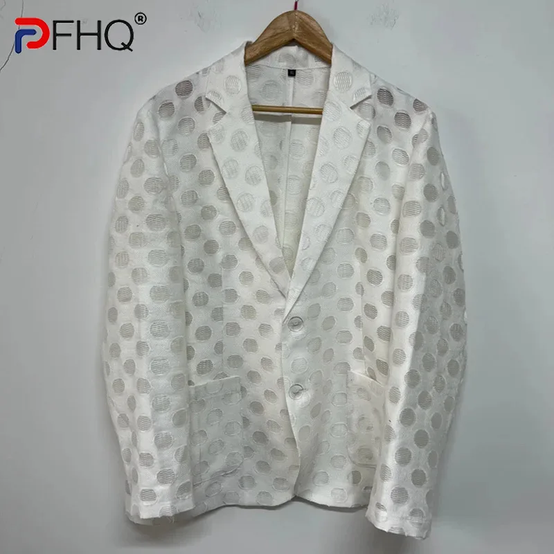 PFHQ-Men's Breathable Back Slit Blazer, Casaco Versátil, Textura Círculo, Nicho Personalidade, Popular, Boa Qualidade, 21Z4416