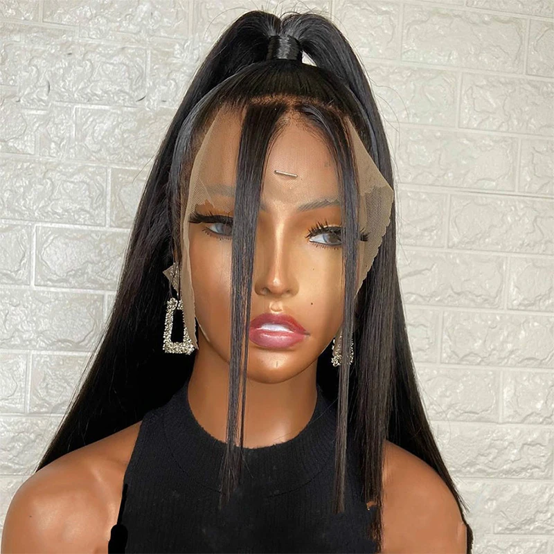 

26 inch 180Density Long Soft Natural Hairline Black Silky Straight Lace Front Wig for Women BabyHair Glueless Preplucked Daily