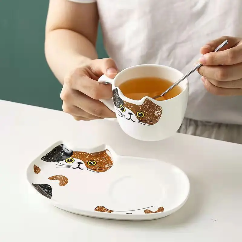 Cute Cat Ceramic Coffee Mug Set with Tray and Spoon Home Creative Cartoon  Breakfast Cup Office Tea Drinking Cups For Afternoon - AliExpress