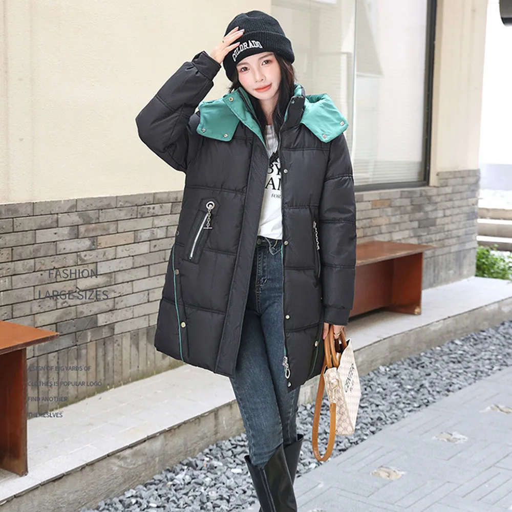 

2023 Fashion Hooded Parka Long Cotton Jacket Women White Thick Warm Down Cotton Coat Winter Parka Puffer Windproof Snow Overcoat
