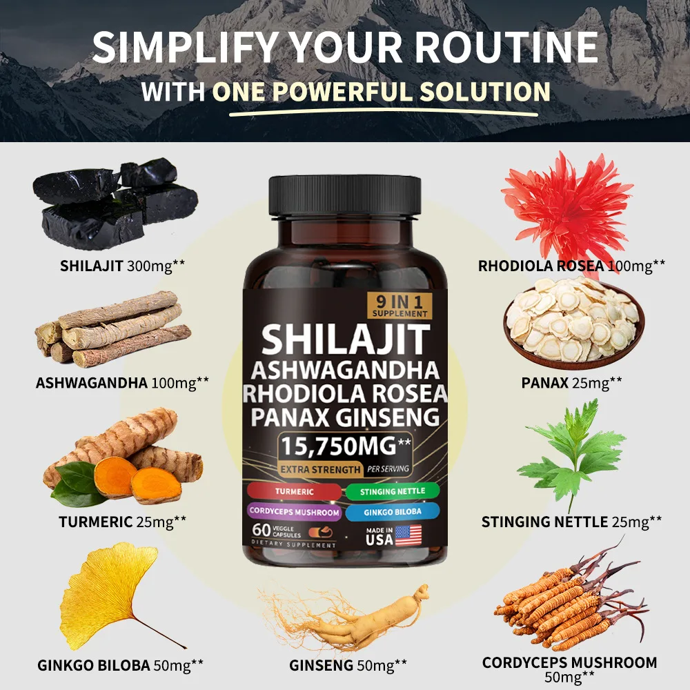 9-in-1 SHILAJIT Supplement Pure Himalaya Ashwagandha Cordyceps Ginseng Shilajit Capsules