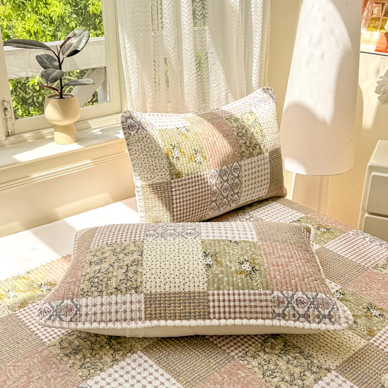 3Pcs Countryside style Patchwork Flower Design Quilted Cotton Bedspread Bed Coverlet Single Double size Bed cover Pillowcases – Detail 2