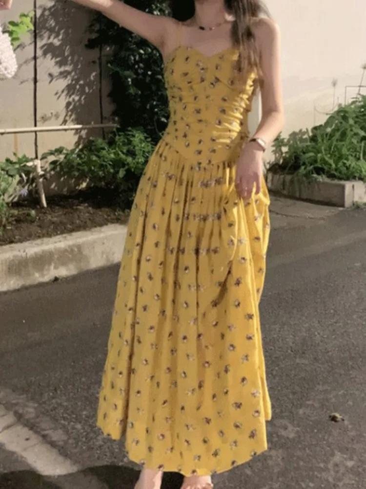 

Women Summer Yellow Floral Print Slim Waist Dress Holiday Beach Style Strap Elegant Outfits New Fahion Vestidos Robe Korea Chic