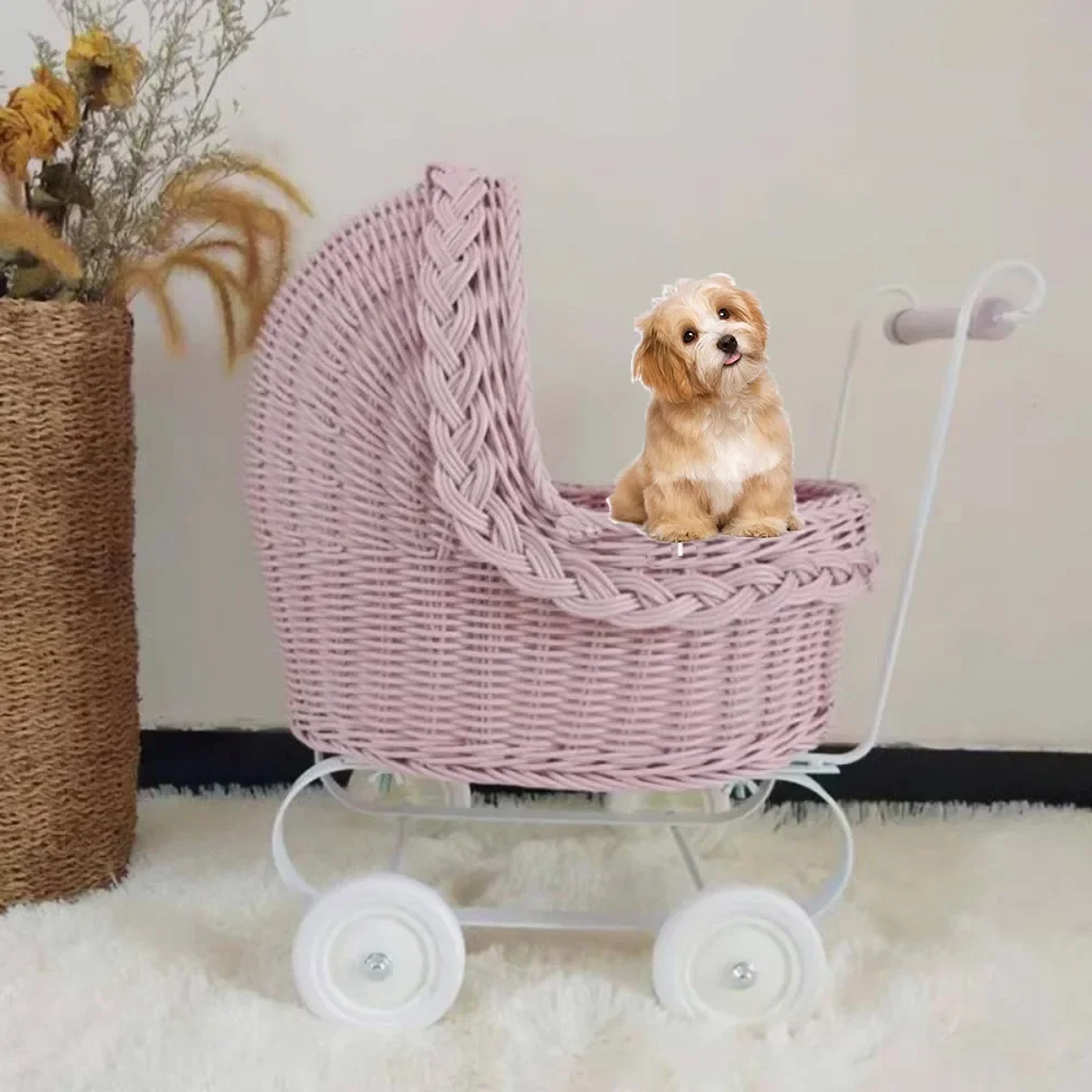 Creative Rattan Pet Stroller for Small Dogs and Cats Home Pet Trolley Outing Walking Teddy Chihuahua Dog Buggy Transport Trolley