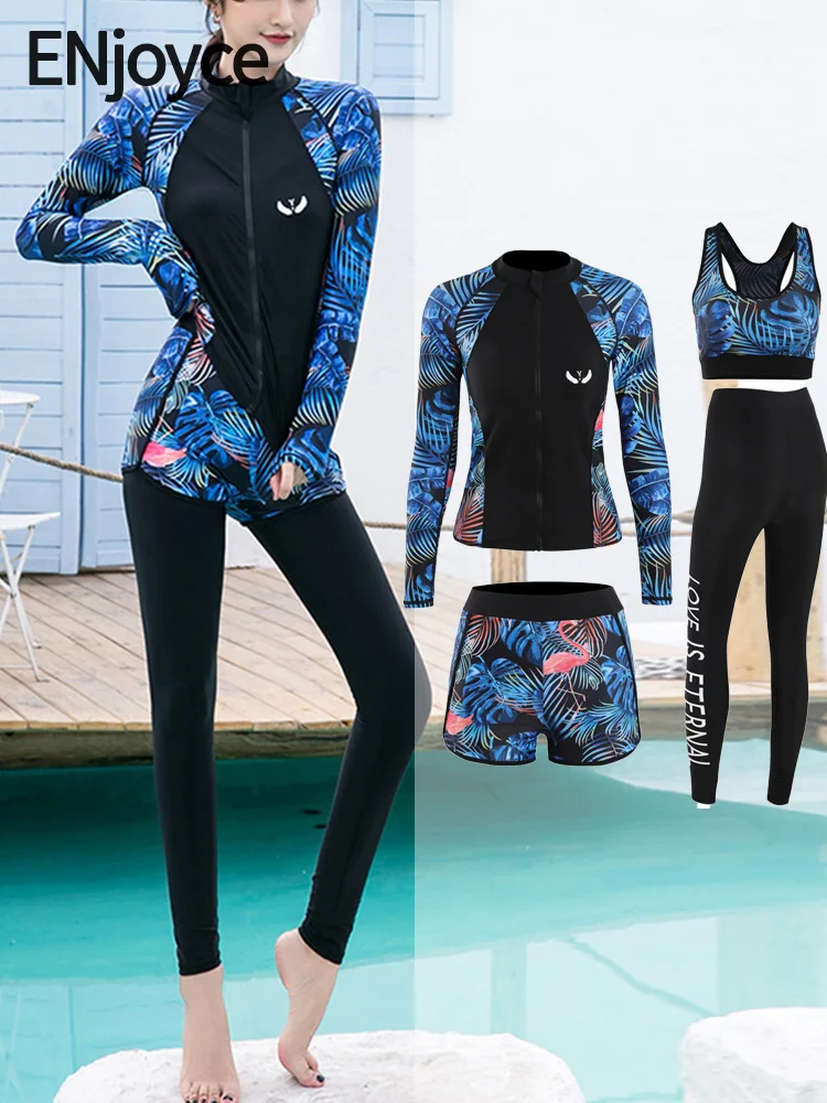 

Women Long Sleeve Rash Guard Print Four Pieces Swimsuit Zipper Swimwear with skirt Bathing Suits Surfing Suits Pad Long Pants