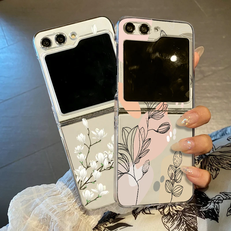 삼성 갤럭시 Z 플립 6 5 4 3 5G 접이식 하드 PC 뒷면 커버에 대한 꽃 투명한 전화 케이스 삼성 Z Flip5 Flip4 Flip6