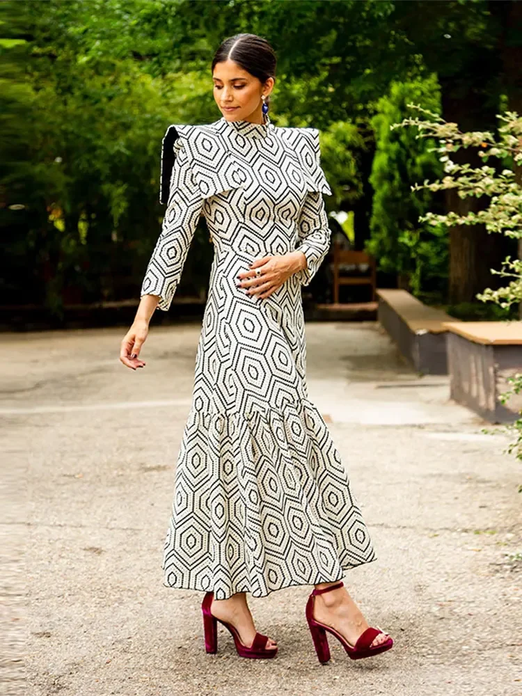 

Vintage Flying Sleeve Shoulder Midi Dress Women Elegant Half High Collar Long Sleeve A Line Vestidos 2024 Lady's Holiday Robe
