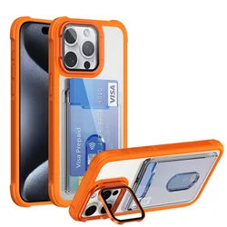Transparent Acrylic Wallet Case with Folding Lens Stand and Card Holder, Shockproof Cover - iPhone 14 (Orange)