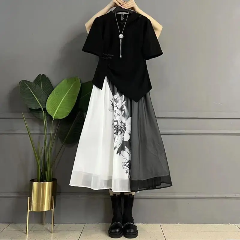 Summer Large Chinese Style Fashion Set Skirt Women's Style Pan Button Short sleeved Top Leisa Half skirt Two piece Setdress sets