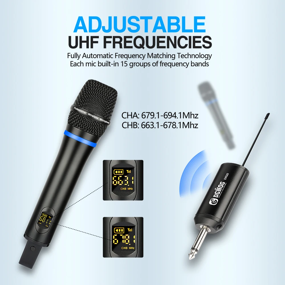 2 Channel Digital Portable Professional Wireless Microphone UHF Handheld Dynamic Suitable Karaoke DJ Microphone for Church Party