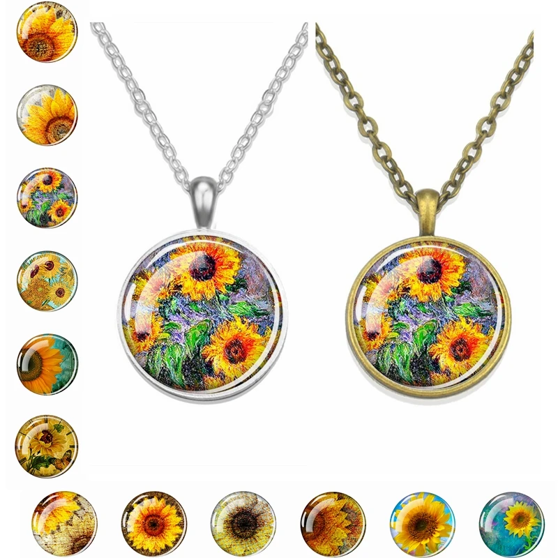 

New Fashion Sunflower Necklace 25MM Sunflower Cabochon Glass Pendant Flower Necklace Gift for Women