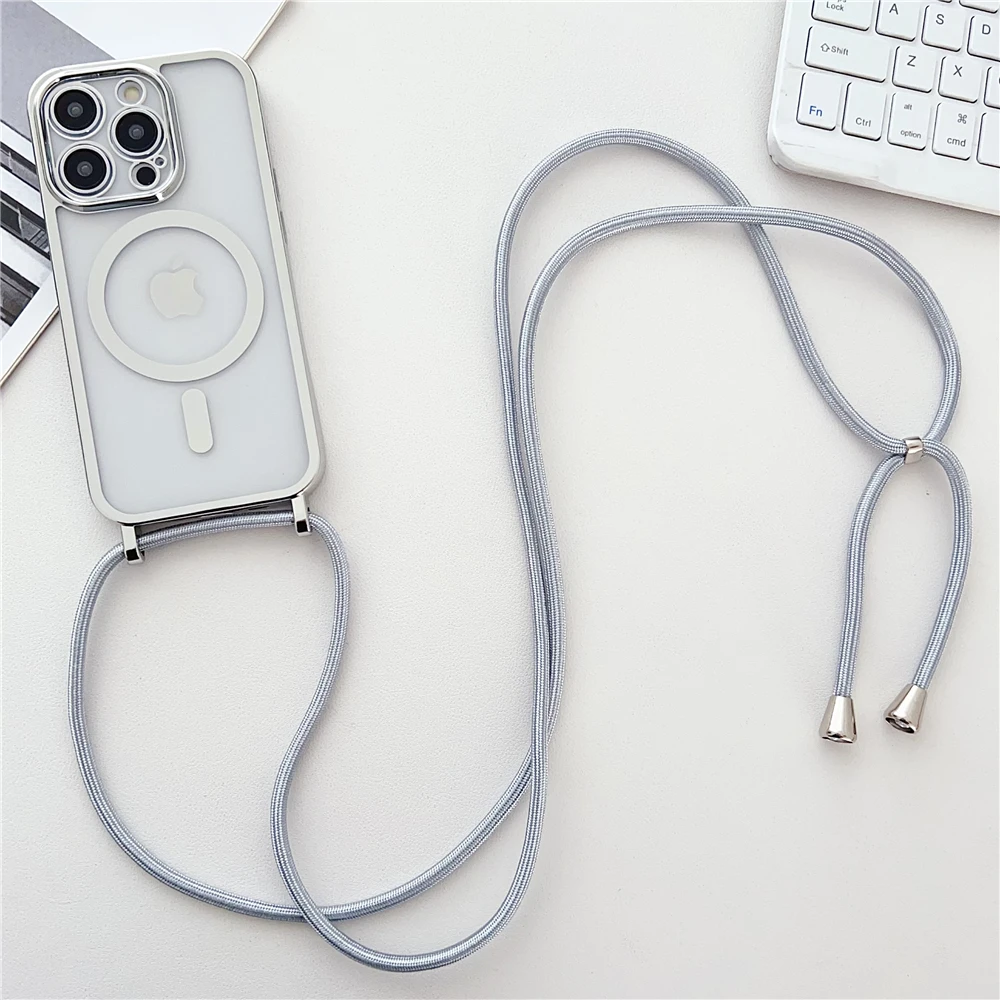 thumbnail image 1 of Luxury Crossboby Necklace Cord Rope Lanyard Plating Magnetic Clear Case For iPhone 14 11 12 13 15 Pro Max For Magsafe Soft Cover, 1 of 5