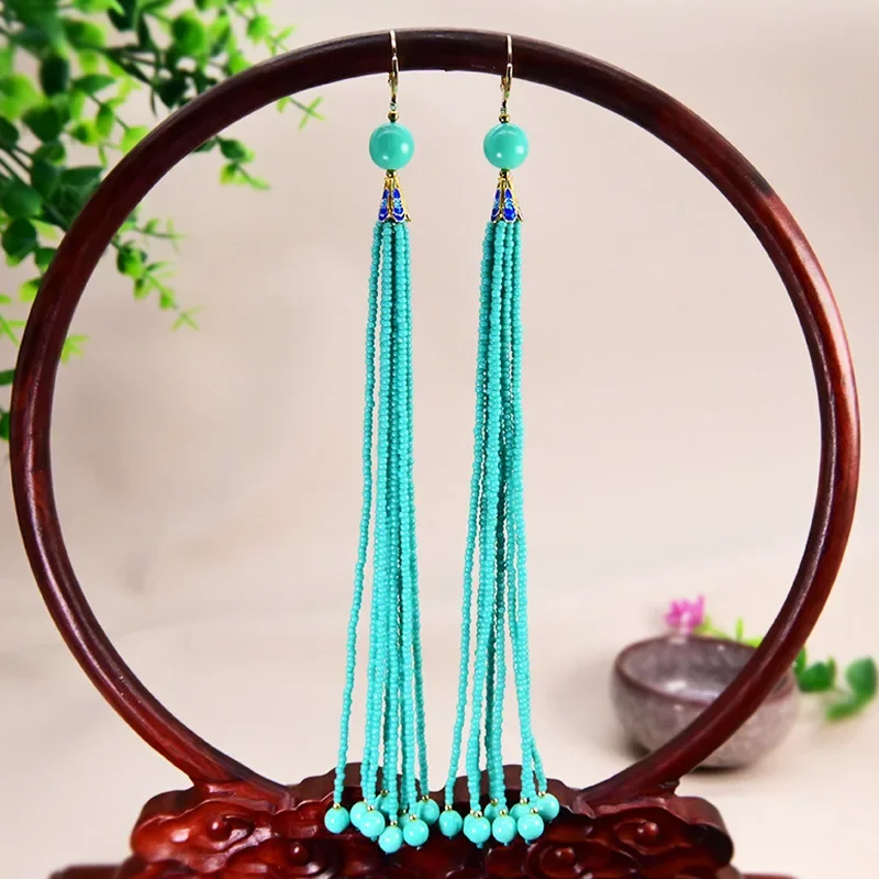 

Fashion Ethnic Chinese Style Optimization Turquoise Tassel Glass Beads 14K Gold Long Earrings for Women Party Girlfriend Gift