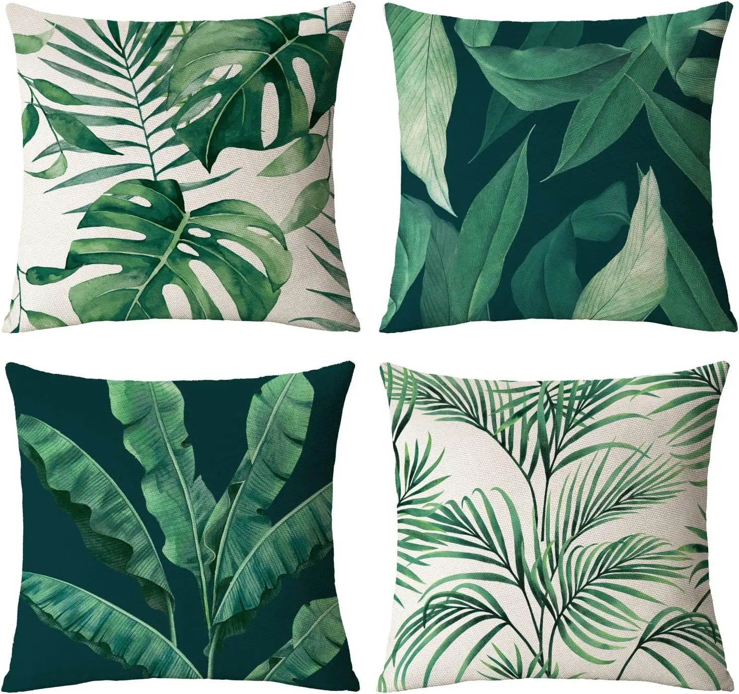Federa Per Cuscino 40x40 Cm In Cotone E Lino - Foglie Di Palma Tropicale Verde, Cerniera Invisibile, Copricuscino Decorativo