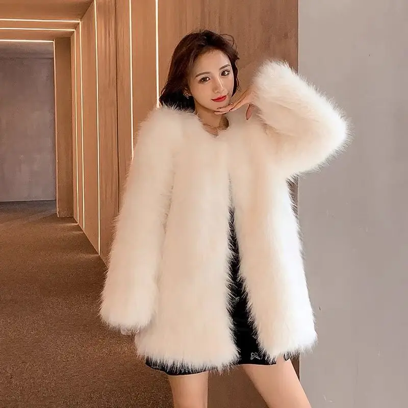 Plus Size Luxury Fake Fur Winter Coat Women Korean Fashion Midi Length Imitation Fox Casual Overcoat Snow Wear Warm Loose Jacket