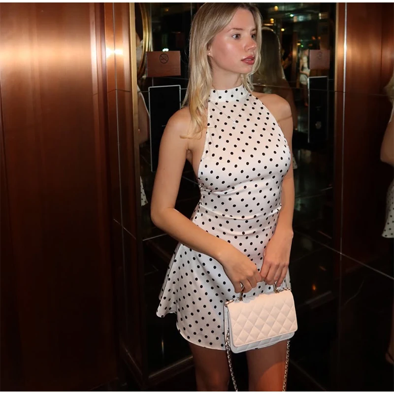 Damen-Minikleid mit Polka Dots, Neckholder, hoher Kragen, ärmellos, rückenfrei, ausgestelltes Kleid mit Schnürung, lässig, für Party, Club, Streetwear, Vestidos – Detail 12