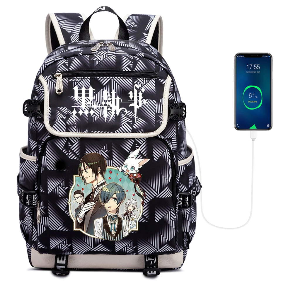 

Cartoon Black Butler Oxford Cloth Backpack USB Charging Knapsack Teenager Packsack Travel Laptop Bag Student Zip Schoolbag