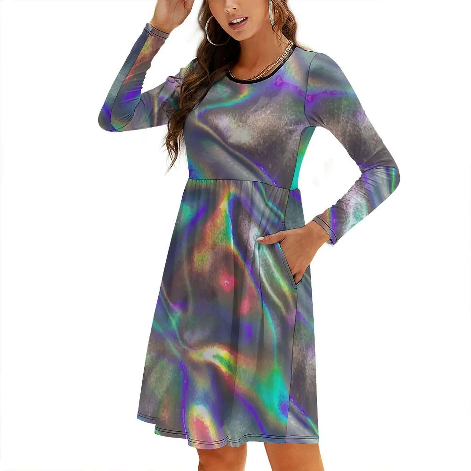 

holographic print Round Neck Baggy Dress women dress long dress women summer