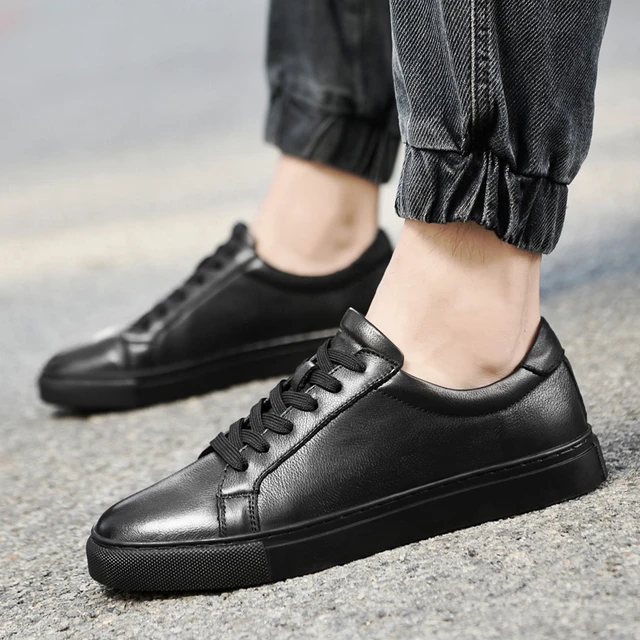 Men’s Low Top Sneakers Genuine Leather Shoes Black