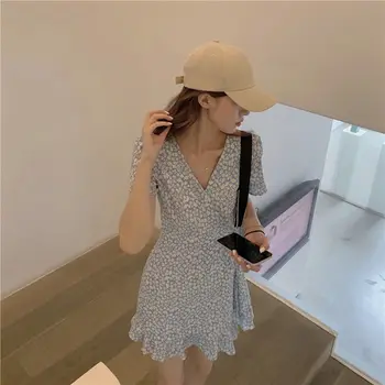 여성용 미니 러플 플로럴 드레스, 꽃 짧은 옷, 빈티지 원피스, 시크하고 우아한 예쁜 의상, 2023