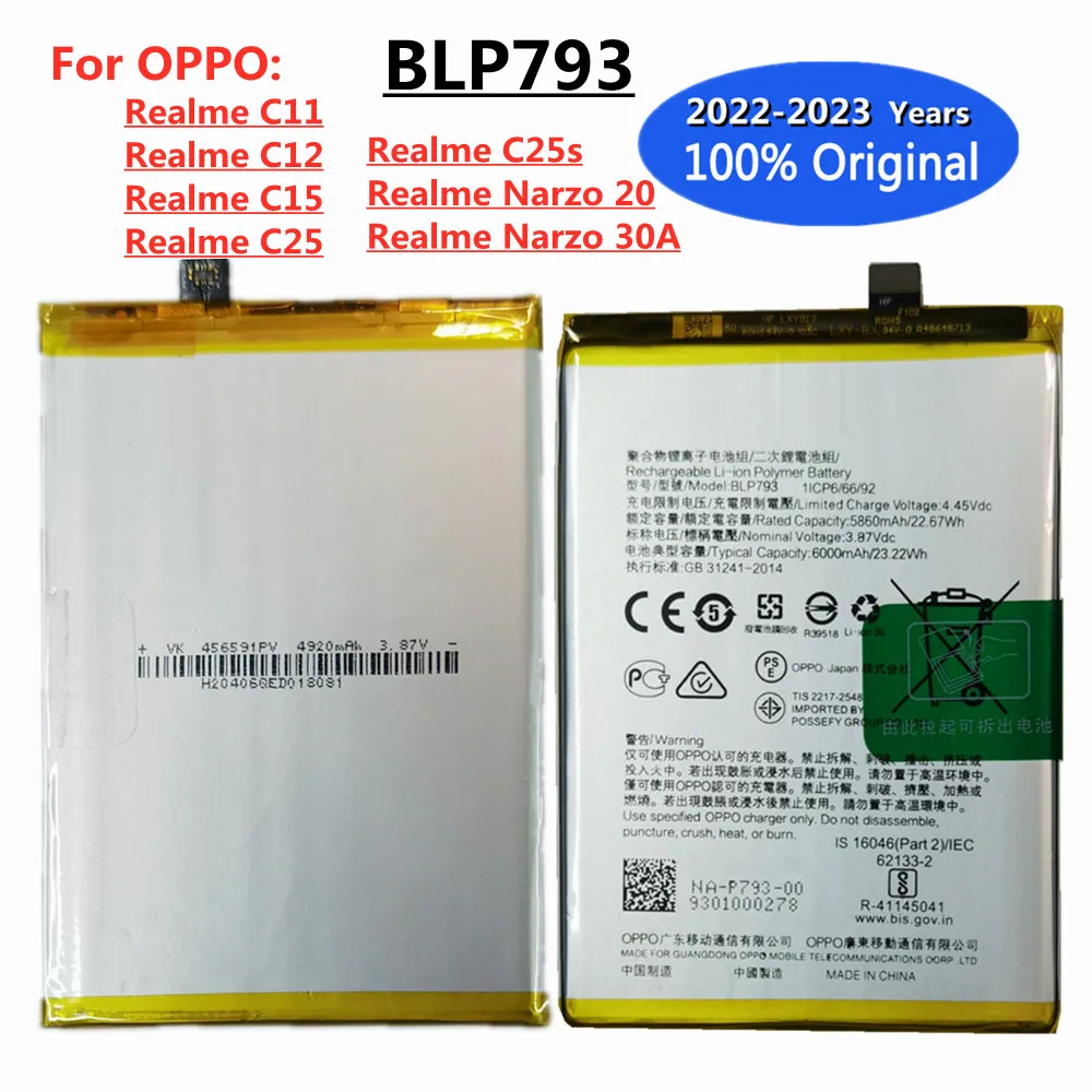 

Оригинальный аккумулятор BLP793 для Oppo Realme C12 C15 Narzo 20 Narzo 30A мобильный телефон 6000 мАч, сменные батареи, литиевая батарея