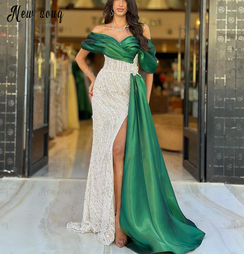 

Элегантное рождественское зеленое вечернее платье со шлейфом, Длинные блестящие платья знаменитостей на заказ, вечернее платье с открытыми плечами Дубая