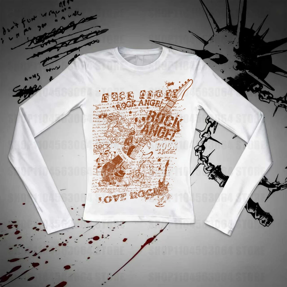 2000s American Vintage Gothic Black Women T-shirts Punk Style Graphic Grunge Tshirts Harajuku Y2k Long Sleeve Tops Streetwear