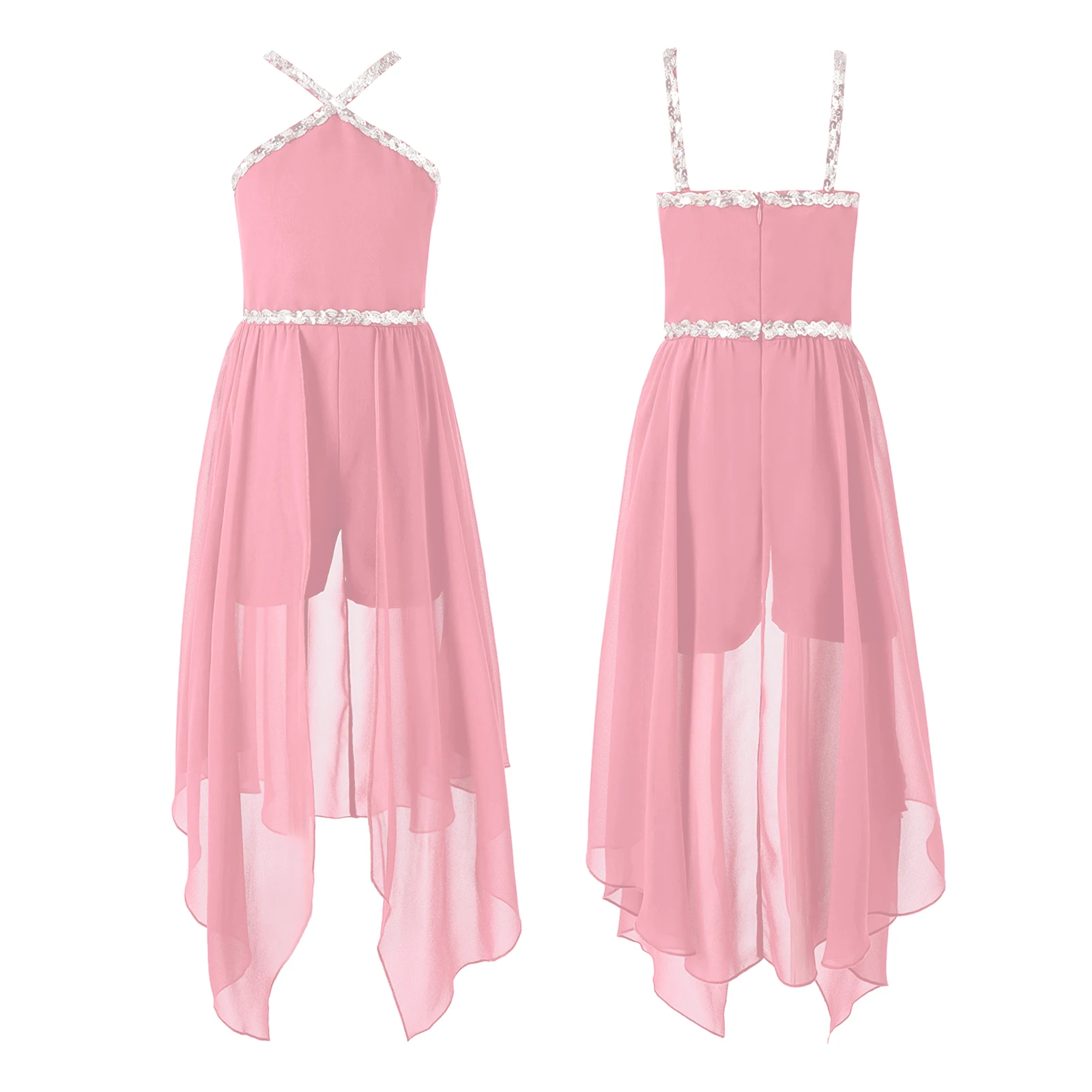 

Kids Girls Birthday Party Dress Teen Shiny Sequin Trim Rompers Chiffon Layer Party Dress for Dancing Wedding Flower Girls Dress