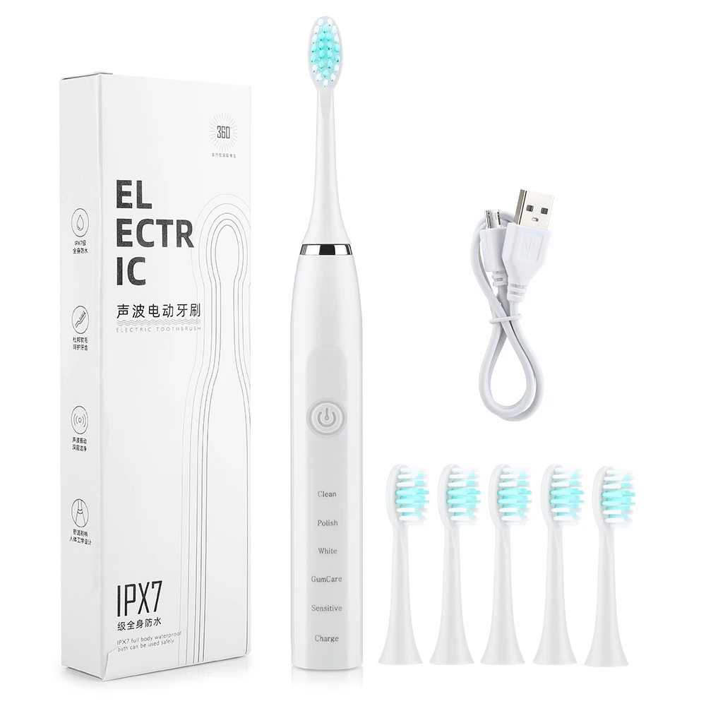 thumbnail image 1 of Cepillo de dientes eléctrico inteligente, recargable por USB, para limpieza dental, blanqueamiento, sónico, temporizador, con cabezales de repuesto, 1 of 5